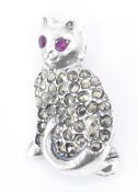 SILVER MARCASITE & RUBY CAT BROOCH