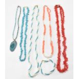 COLLECTION OF GEMSTONE NECKLACES INCLUDING CORAL TURQUOISE & PEARL