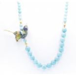 CHINESE BLUE AVENTURINE & CLOISONNE BIRD NECKLACE