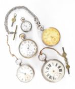 THREE SILVER POCKET WATCHES & TWO METAL POCKET WATCHES