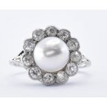 PLATINUM CULTURED PEARL AND DIAMOND CLUSTER RING