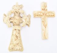 TWO VICTORIAN CARVED IVORY CROSS PENDANTS