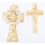 TWO VICTORIAN CARVED IVORY CROSS PENDANTS