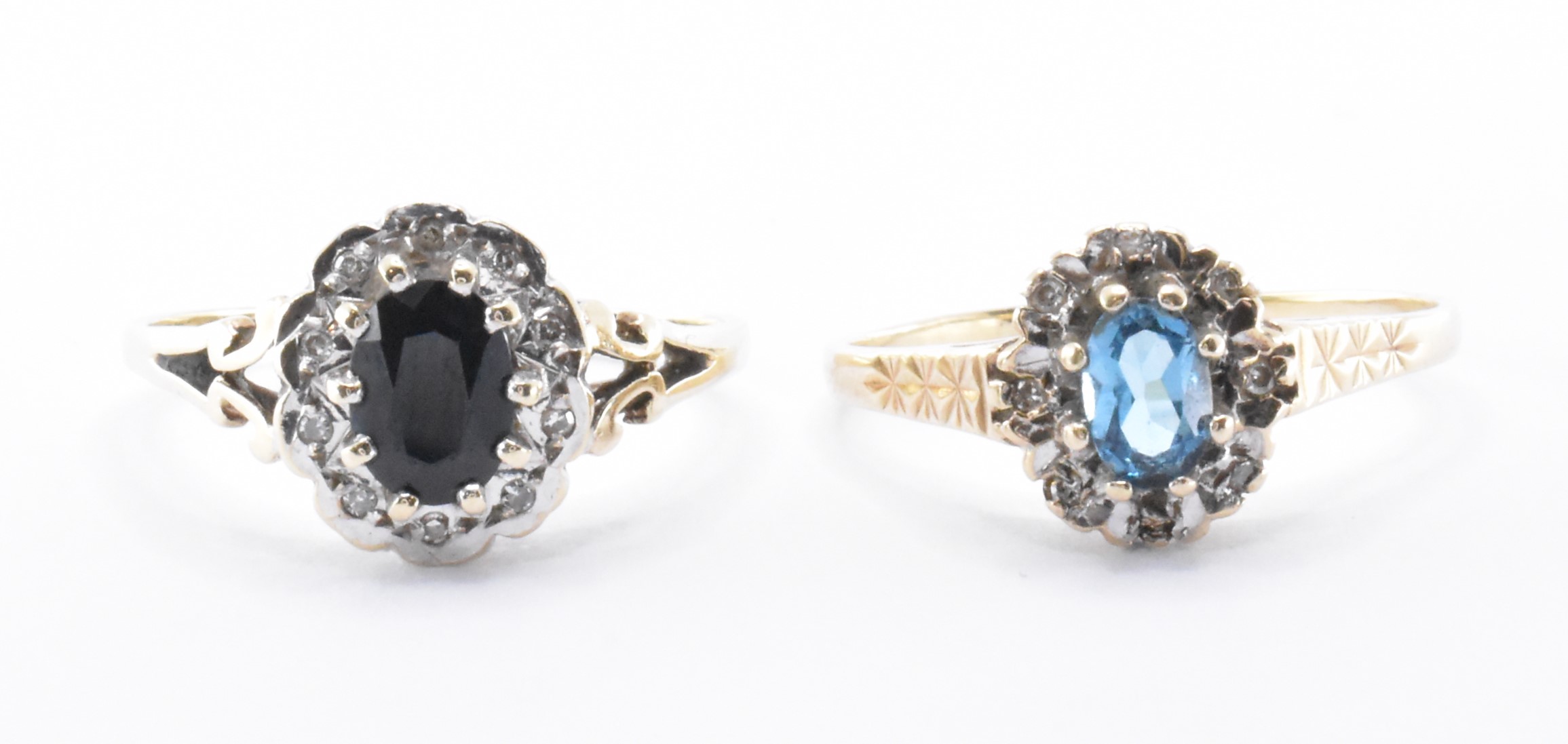 PAIR OF HALLMARKED 9CT GOLD DIAMOND & BLUE STONE RINGS