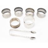 GROUP OF SILVER INCLUDING VICTORIAN SUGAR TONGS & NAPKIN RINGS