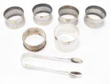 GROUP OF SILVER INCLUDING VICTORIAN SUGAR TONGS & NAPKIN RINGS