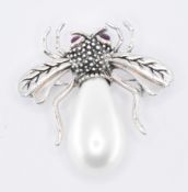 SIILVER FAUX PEARL & RUBY BUG BROOCH