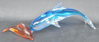 PAIR OF MURANO & WEDGWOOD GLASS DOLPHIN ORNAMENTS