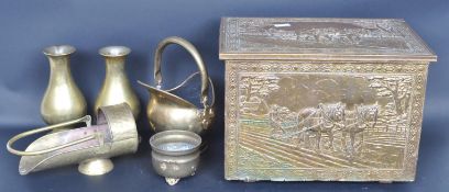 COPPER PLATED COAL BOX & BRASS FIRESIDE ITEMS
