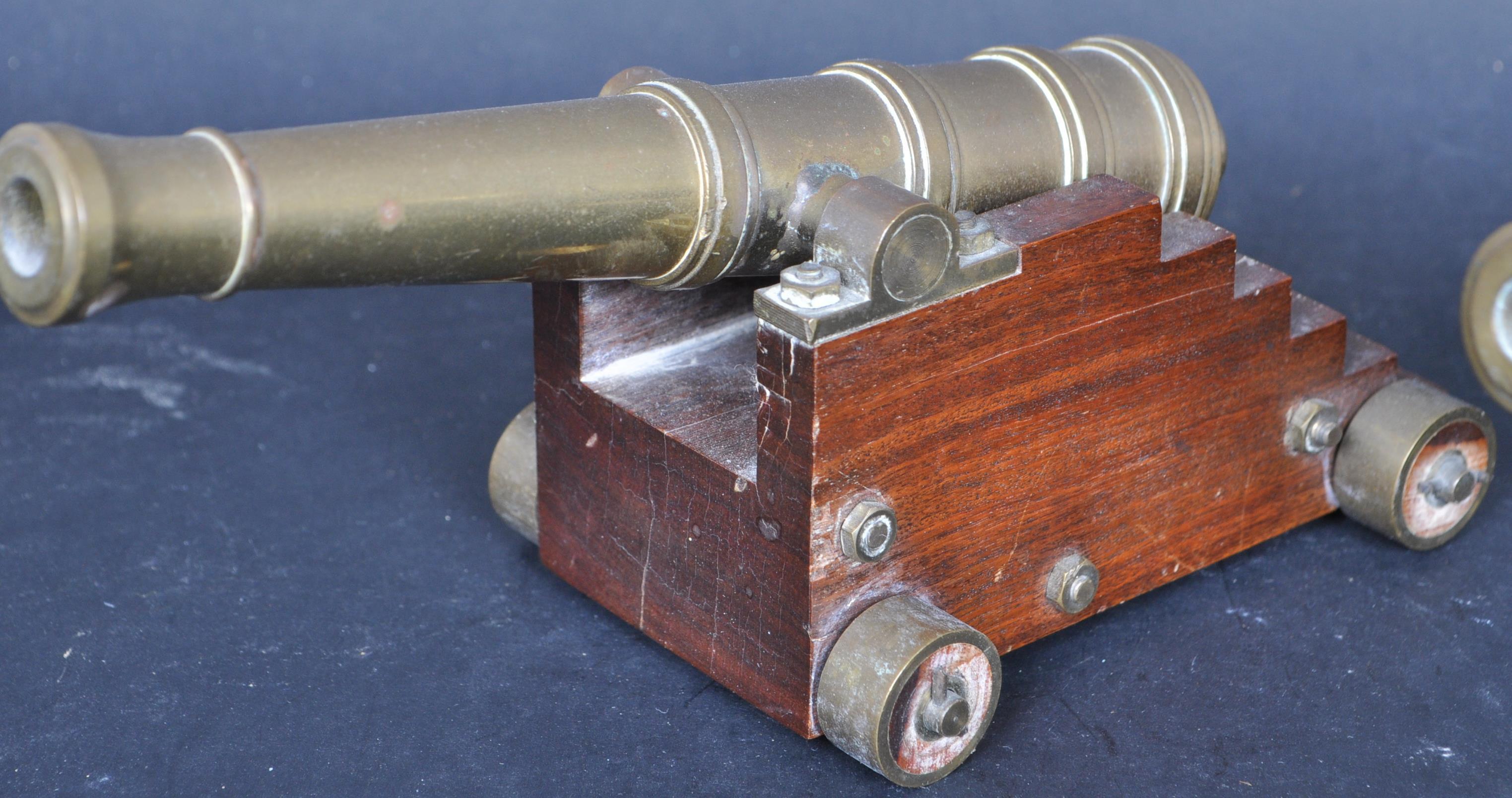 PAIR BRASS & MAHOGANY DESK TOP CANNONS - Image 3 of 7