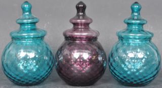 THREE MID 20TH CENTURY BLUE & PURPLE GLASS BON BON JARS