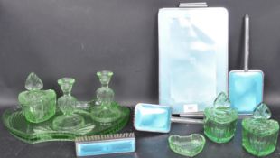 1930'S GREEN GLASS ART DECO DRESSING TABLE SET & ANOTHER