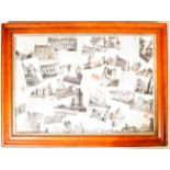 COLLECTION OF EARLY 20TH CENTURY FRENCH POSTCARDS WITHIN A BIRDS EYE MAPLE FRAME