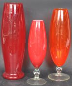 THREE MID 20TH CENTURY EMPOLI GLASS VASES IN ORANGE & RED