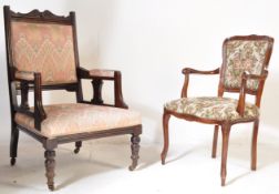 VICTORIAN MAHOGANY ARMCHAIR AND FRENCH FAUTEUIL
