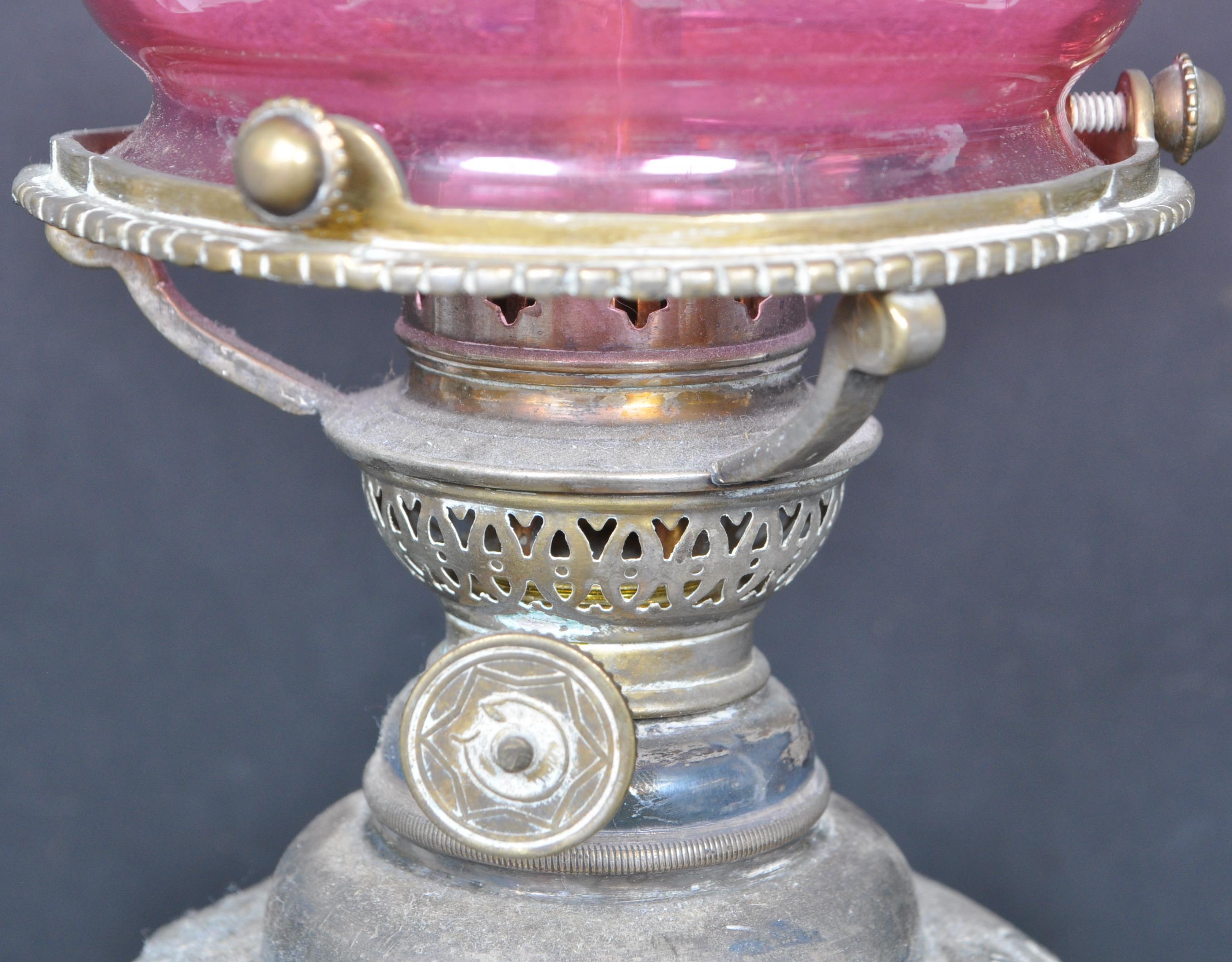 WALKER & HALL SILVER PLATED CRANBERRY GLASS OIL LAMP - Image 7 of 7