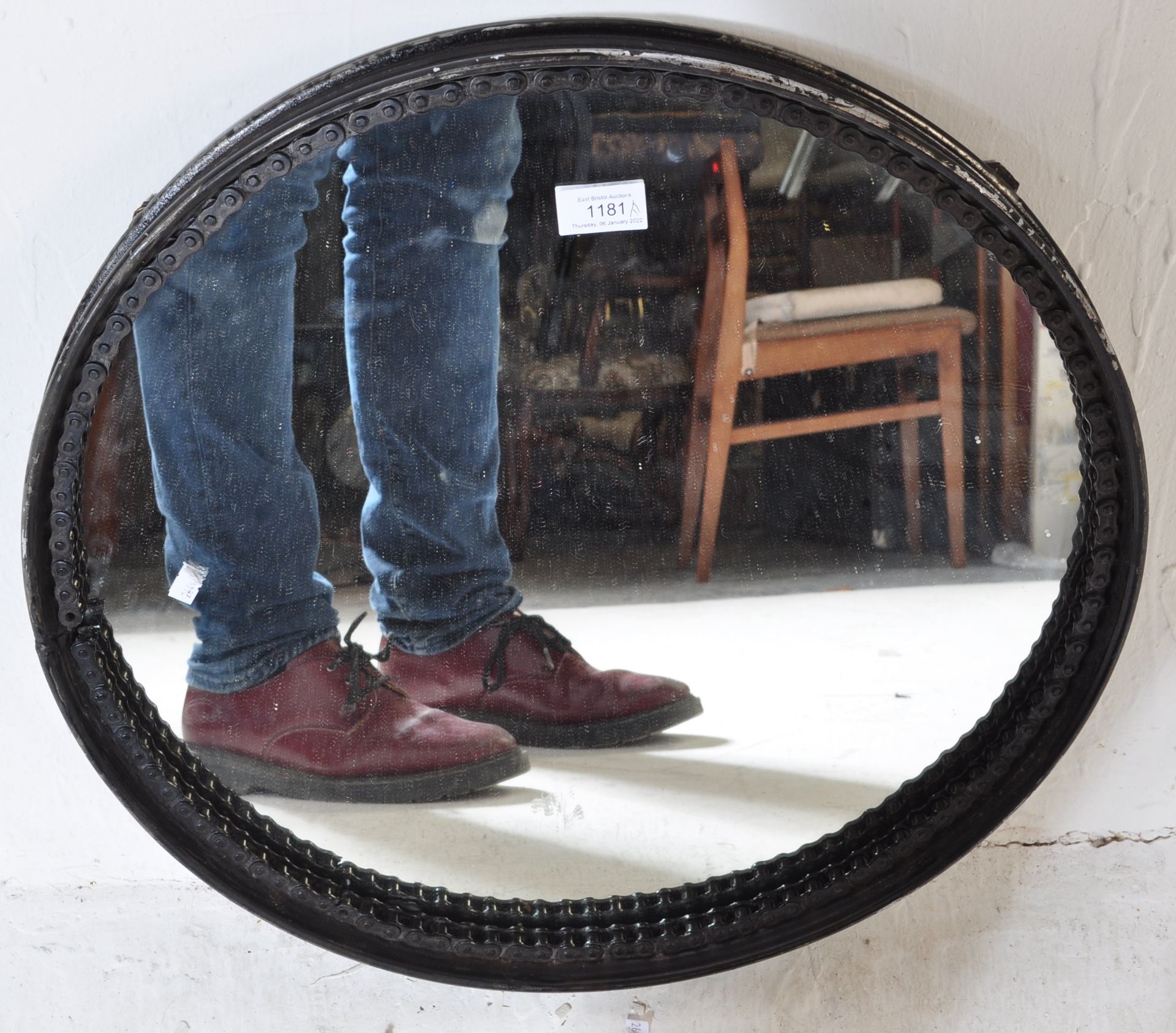 20TH CENTURY INDUSTRIAL UPCYCLED RIM AND CHAIN MIRROR - Image 6 of 7