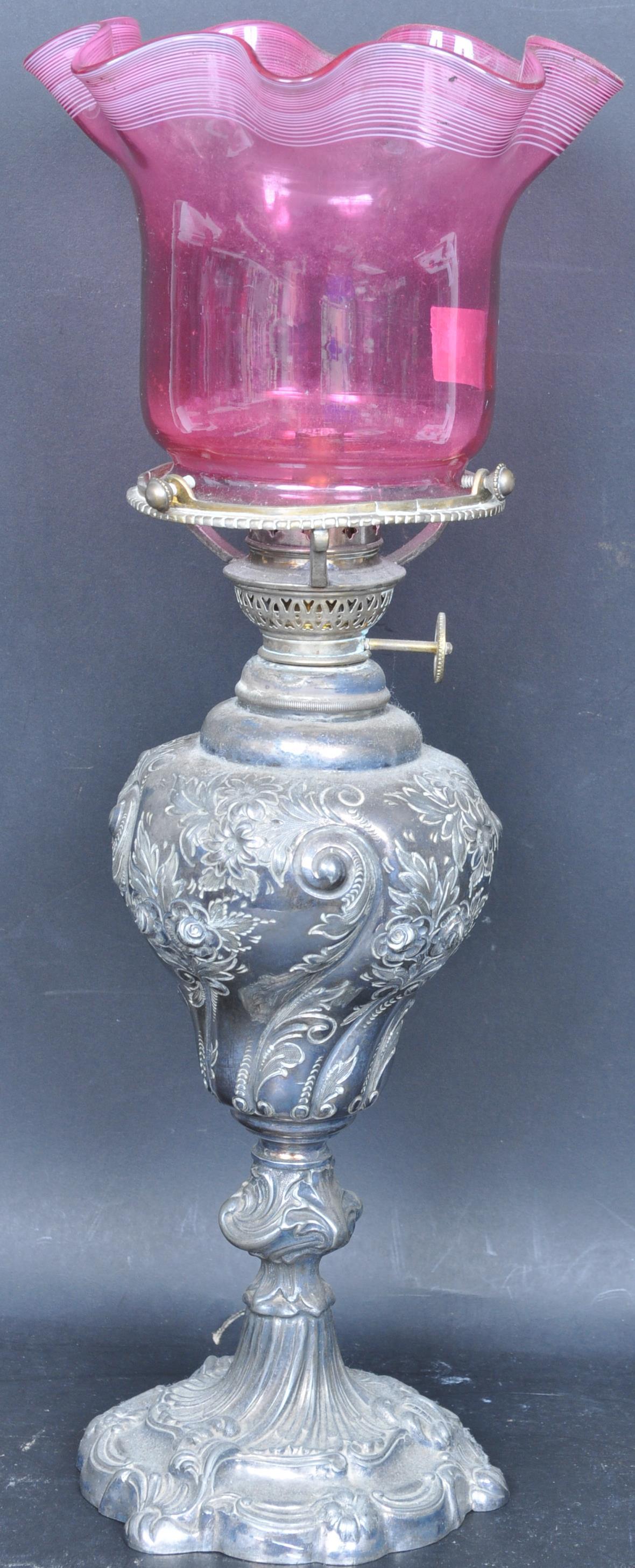 WALKER & HALL SILVER PLATED CRANBERRY GLASS OIL LAMP