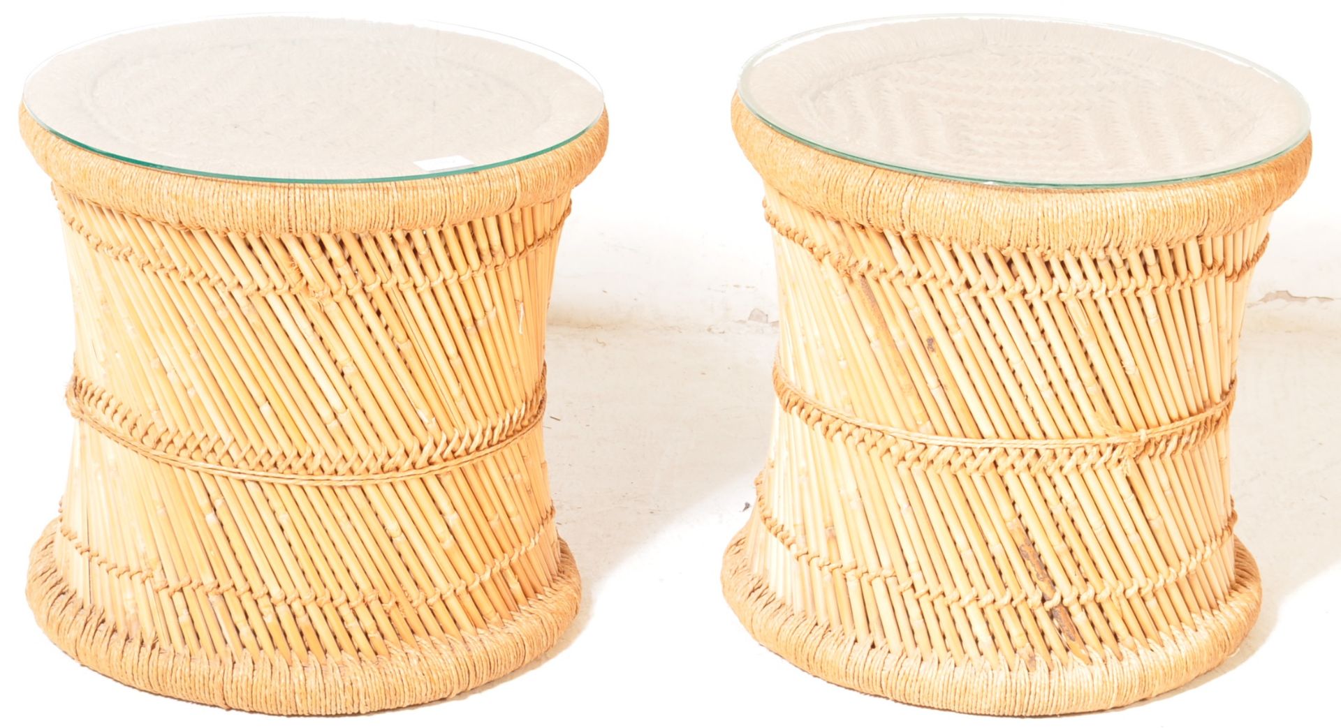 PAIR OF MID CENTURY BAMBOO AND RATTAN WEAVE TABLES - Image 2 of 6