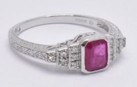 18CT WHITE GOLD RUBY AND DIAMOND ART DECO RING