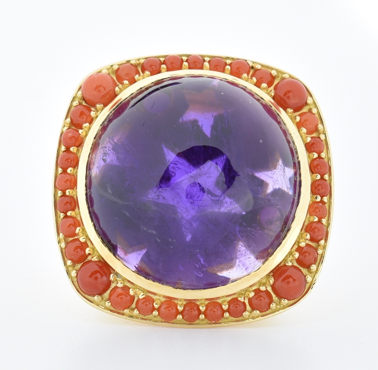 DANISH 18CT GOLD AMETHYST & CORAL COCKTAIL RING