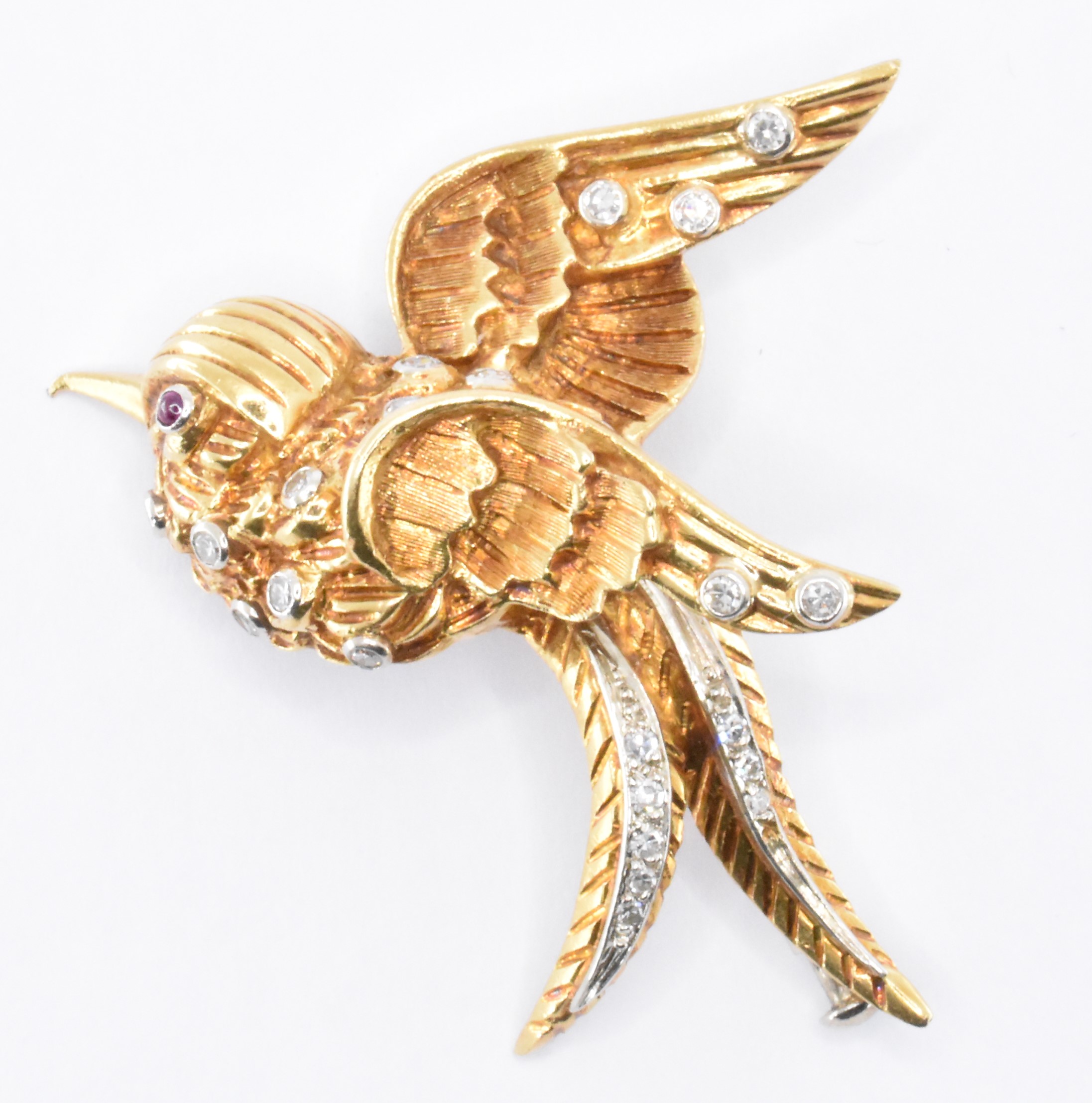 18CT GOLD DIAMOND & RUBY BIRD BROOCH