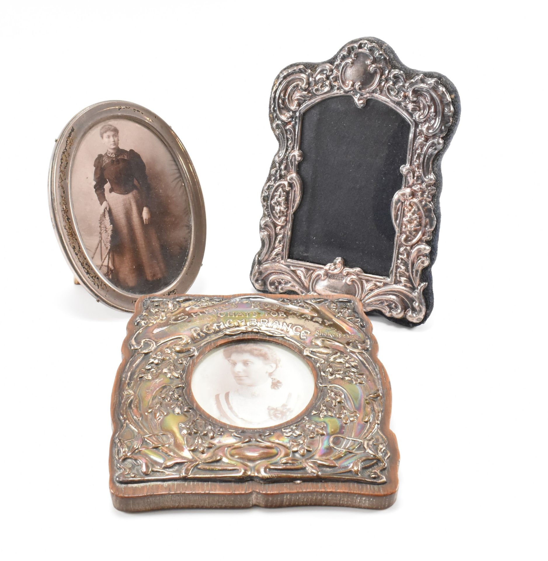 THREE SILVER FRONTED PHOTO FRAMES INCLUDING ART NOUVEAU