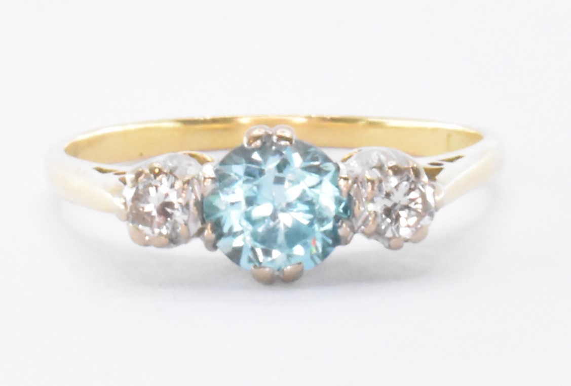HALLMARKED 18CT GOLD BLUE ZIRCON & DIAMOND RING