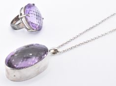925 SILVER AMETHYST PENDANT NECKLACE & RING.