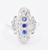 SILVER & SYNTHETIC SAPPHIRE ART DECO PANEL RING