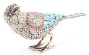 NEPALESE SILVER & COLOURED STONE BIRD FIGURINE