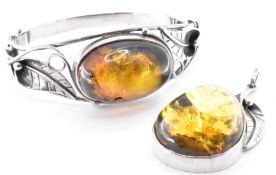 925 SILVER AMBER BANGLE & PENDANT