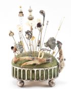 SELECTION OF METAL & SILVER STICK PINS & PIN CUSHION BOX