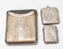 TWO EDWARDIAN SILVER HALLMARKED VESTA CASES & POUCH CASE