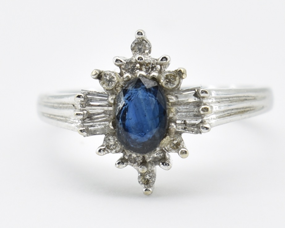 HALLMARKED 9CT WHITE GOLD SAPPHIRE & DIAMOND COCKTAIL RING