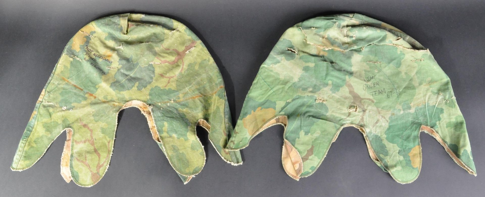 VIETNAM WAR - PAIR OF GRAFFITIED US M1 HELMET COVERS