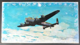 20TH CENTURY OIL ON BAORD PAINTING OF A WW2 LANCASTER BOMBER