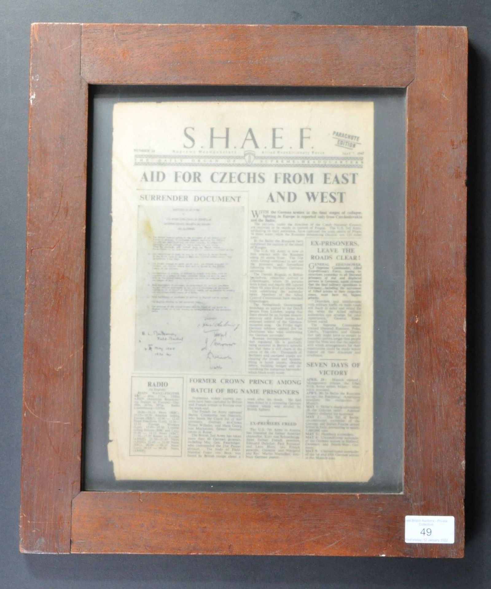 WWII SECOND WORLD WAR - SHAEF FRAMED SURRENDER ISSUE