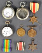 COLLECTION OF ASSORTED WW1 & WW2 MEDALS / POCKET WATCHES ETC