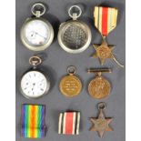 COLLECTION OF ASSORTED WW1 & WW2 MEDALS / POCKET WATCHES ETC