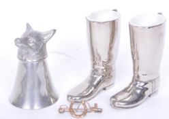 PAIR OF SILVER PLATED WHITE METAL HUNTING BOOTS & GLASS