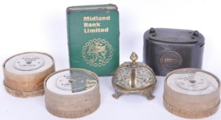 COLLECTION OF 1920S & LATER MONEY BOXES WITH SHOP DESK BELL