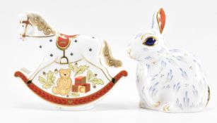ROYAL CROWN DERBY ROCKING HORSE & SNOWY HARE PAPERWEIGHTS
