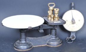 SET OF VINTAGE CAST IRON SHOP SCALES & PAIR OF HANGING SCALES