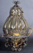 VINTAGE 20TH CENTURY WROUGHT IRON AND AMBER GLASS LANTERN