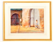 EDWARD EMERSON - WATERCOLOUR PAINT OF A GIRL STANDING OUTSIDE A LARGE PAIR OF DOORS