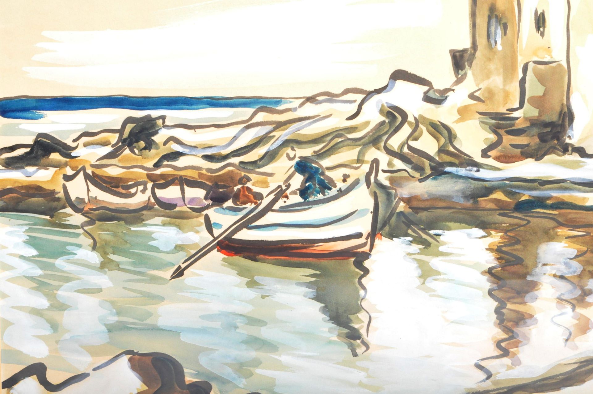 WATERCOLOUR ON PAPER PAINTING DEPICTING A ROWING BOAT PULL UP ON SHORE - Bild 3 aus 4