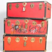 COLLECTION OF 3 20TH CENTURY RED STEAMER SHIPPING TRUNKS