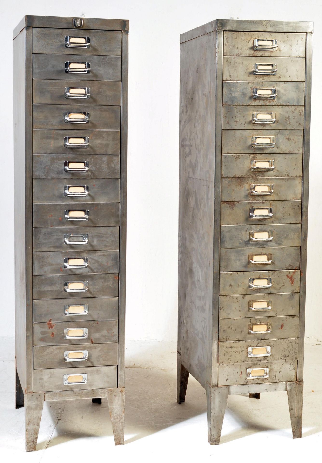 INDUSTRIAL PAIR OF STRIPPED METAL 15 DRAWER FILING CABINETS