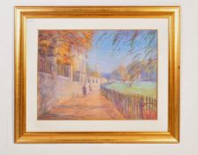 Michael Coote - A 20th century pastel painting of two figures walking along a path. Framed and